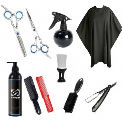 Kit Set Barberia: Tijeras + Rociador + Capa + Gel de Afeitar + Cepillos + Saca Pelo+ Navaja