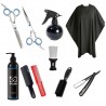 Kit Set Barberia: Tijeras + Rociador + Capa + Gel de Afeitar + Cepillos + Saca Pelo+ Navaja