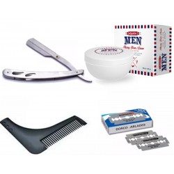 Kit Navaja + Peine Molde + Hojas de Afeitar Dorco + Crema de Afeitar Algabo Barber