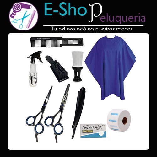 Kit Peluqueria Barberia Tijeras + Navaja + Capa Corte + Pulverizador + Rollo + Sacapelo