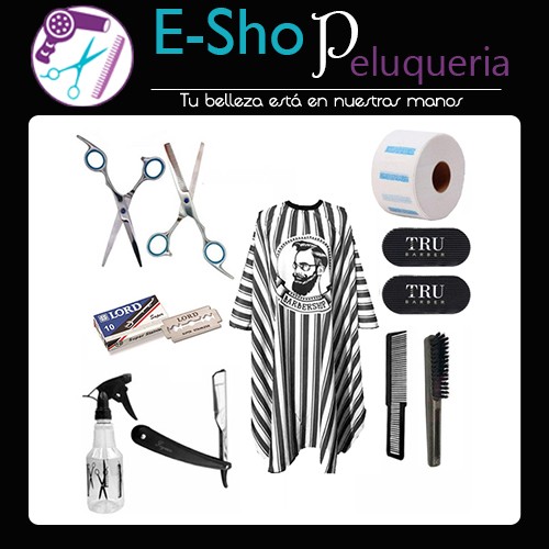 Combo Barbershop Tijera Punto Azul + Capa Rayada + Trubarber