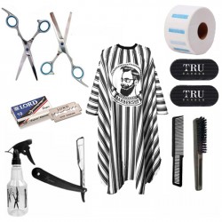 Kit Barbershop Tijera Punto Azul + Capa Rayada + Trubarber