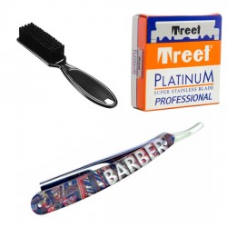 Kit Navaja Barbero Profesional + Cepillo Fade + Hojas Treet 100u