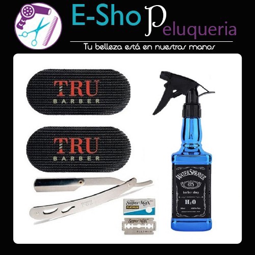 Kit Rociador Whisky + Gripper Tru Barber Negro + Navaja de Corte