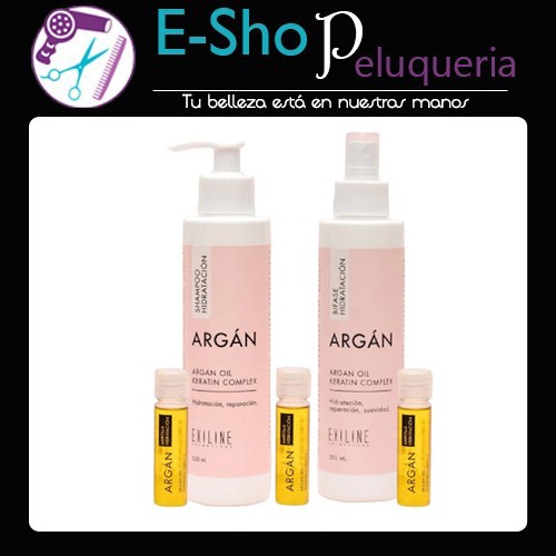 Shampoo + Bifase + Ampollas Kit Exiline Argan Keratin Complex