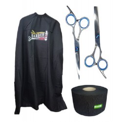 Kit Capa de Corte Barber + Kit Tijeras 6 Pulgadas + Rollo Papel