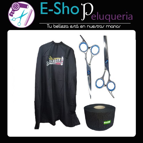 Capa de Corte Barber + Kit Tijeras 6 Pulgadas + Rollo Papel