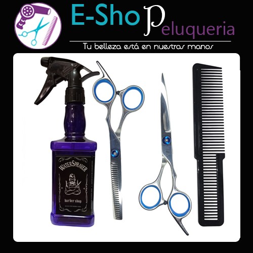 Tijera De Corte + Pulir + Pulverizador Whisky + Peine Barber