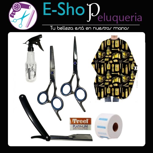 Kit Barber Tijeras Navaja Filos Capa Rociador Papel Cuello