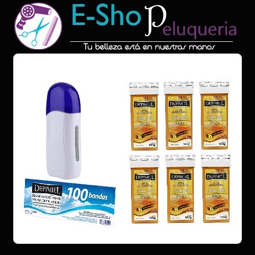 Kit De Depilacion: Calentador de Cera Roll On + 6 Cartuchos Roll On Depimiel + 100 Bandas de Papel descartables