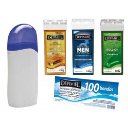 Kit De Depilacion: Calentador de Cera Roll On + 6 Cartuchos Roll On Depimiel + 100 Bandas de Papel descartables