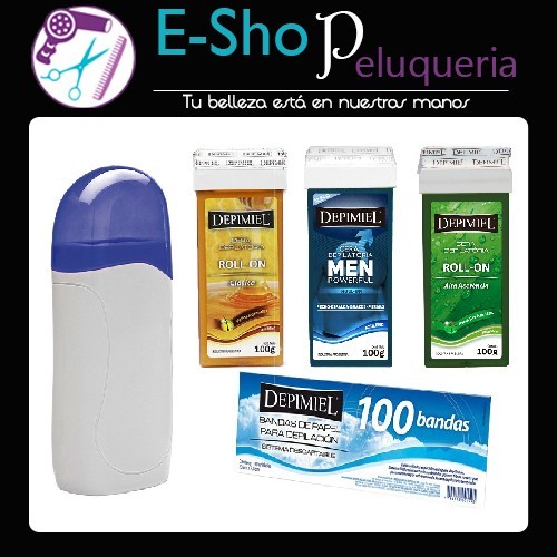 Kit De Depilacion: Calentador de Cera Roll On + 6 Cartuchos Roll On Depimiel + 100 Bandas de Papel descartables