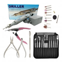 Set Torno Uñas Driller Egeo + Alicates + Instrumental Acero