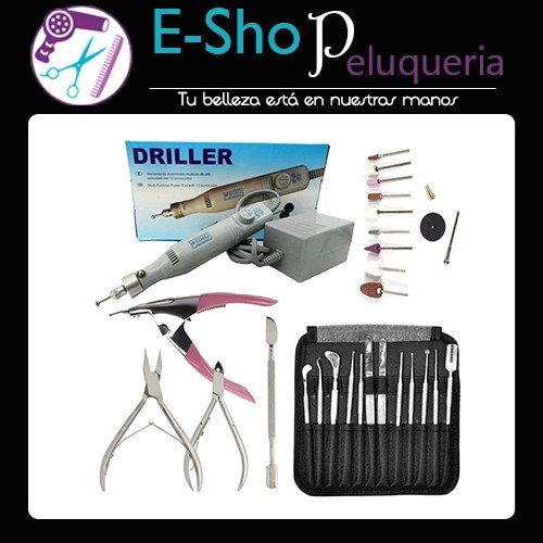 Kit Torno Uñas Driller Egeo + Alicates + Instrumental Acero