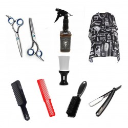 Kit Set Barberia Capa Tijeras Cepillo Navaja Peines Rociador