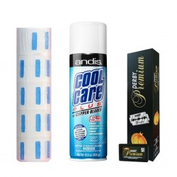 Rollo de Papel de Cuello + Andis Cool Care + Caja de Hojas de Afeitar Derby Premium