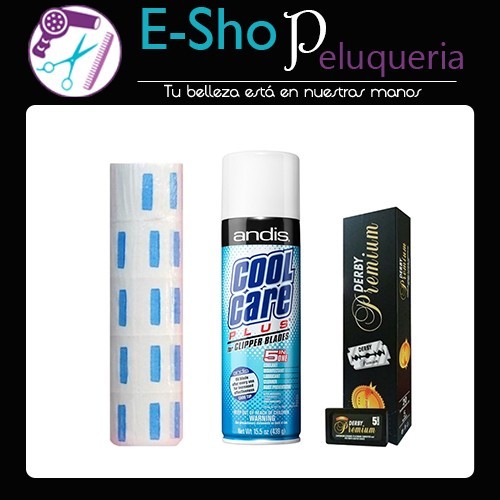 Kit Rollo de Papel de Cuello + Andis Cool Care + Caja de Hojas de Afeitar Derby Premium
